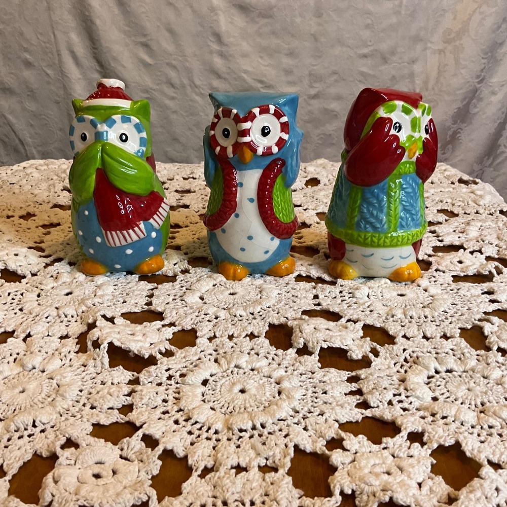 Set of 3 Ceramic Christmas Owls Holiday See‎ Hear Speak No Evil Festive Figurine
